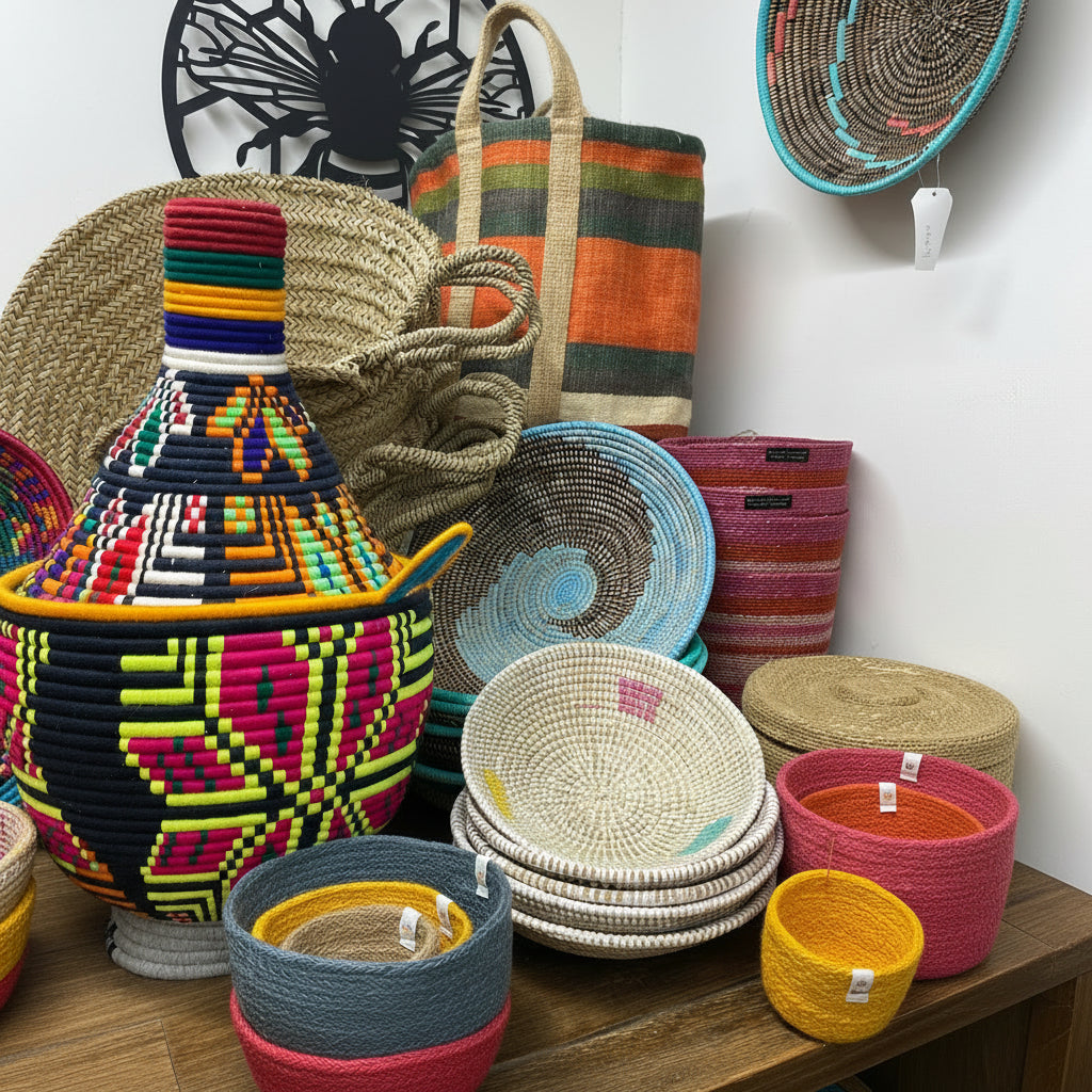 A collection of colorful hand-woven baskets and bags 
