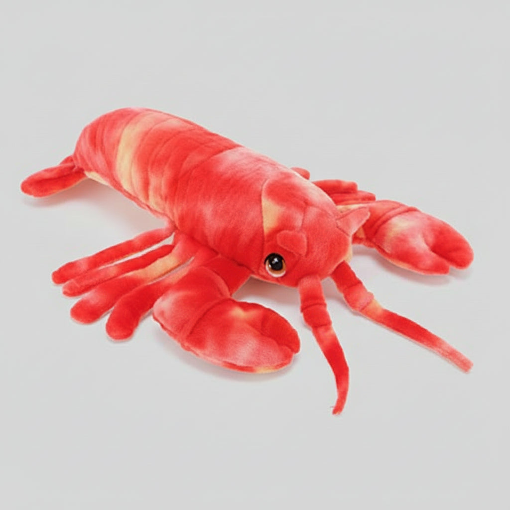 A red lobster plush toy with yellow-orange stripes and a small black eye, photographed on a plain white background.