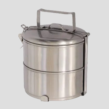 A stainless steel tiffin carrier with a handle on top and two compartments with lids.