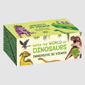 Dinosaur-themed box packaging for an immersive 3D viewer card set, featuring colorful dinosaur illustrations and green text on a pale yellow-green background.