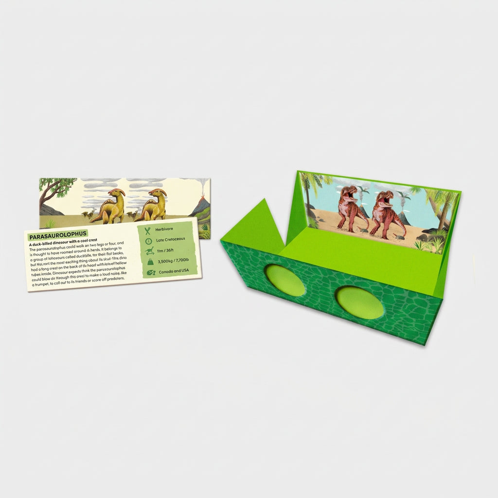 Green dinosaur-themed cardboard viewer with a card displaying images of dinosaurs on a white background.
