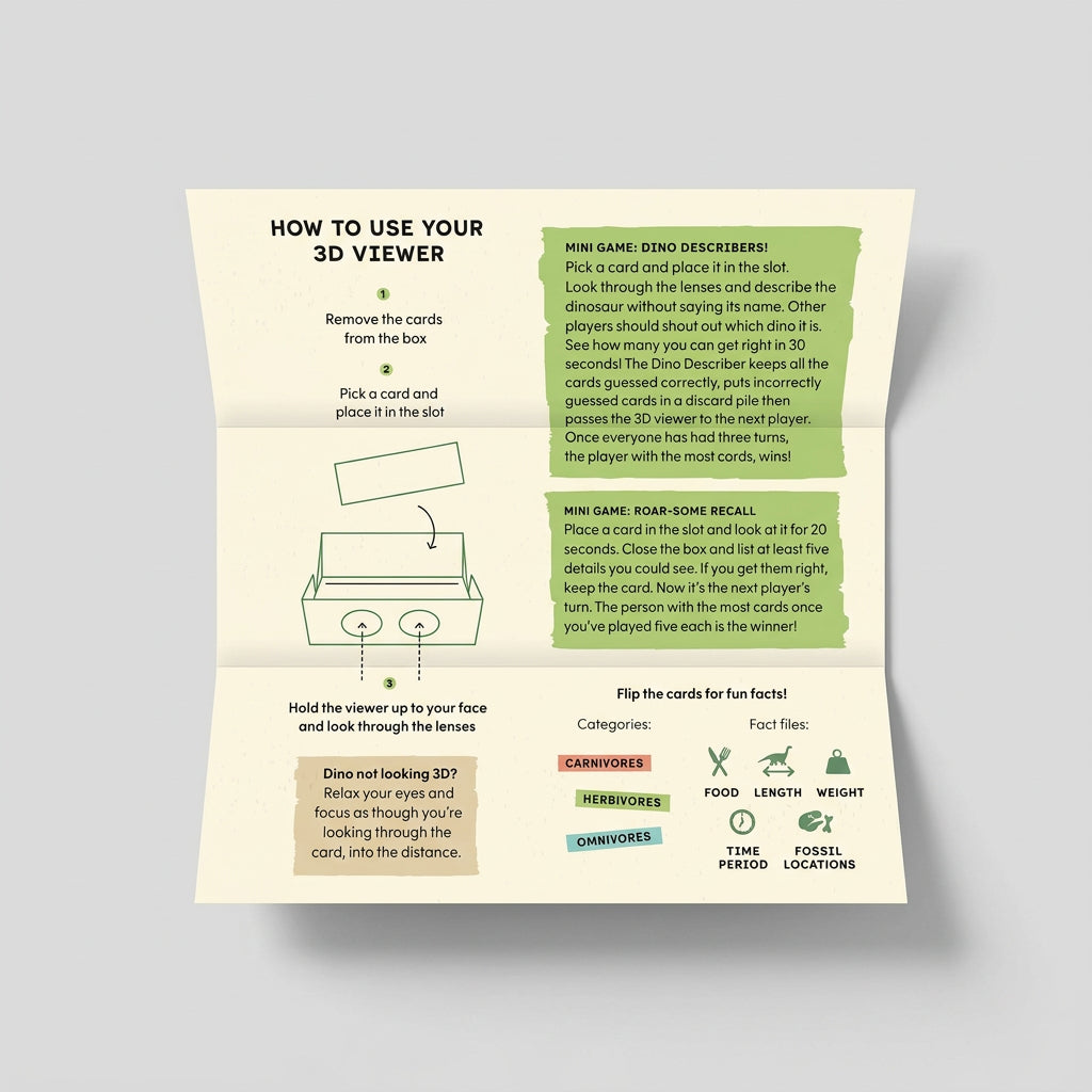 An instruction card titled 'HOW TO USE YOUR 3D VIEWER' with step-by-step usage instructions, icons, and colored text boxes on a cream background, shown against a plain white backdrop.