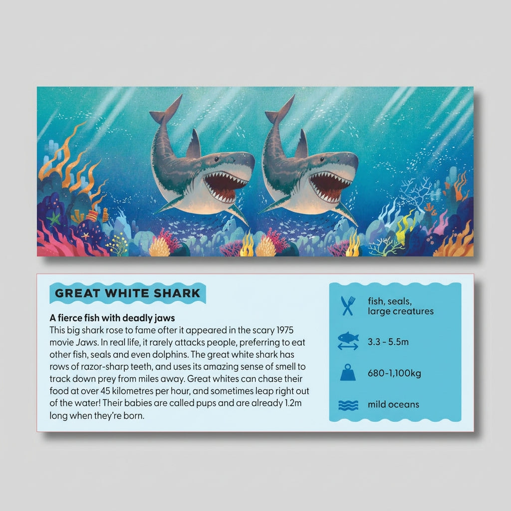 Card with illustration of great white sharks and underwater scenery on a blue background