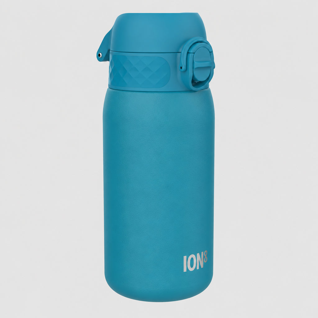 A blue stainless steel water bottle with a flip-top lid and carrying loop, featuring the ION logo near the bottom, set against a plain grey background.