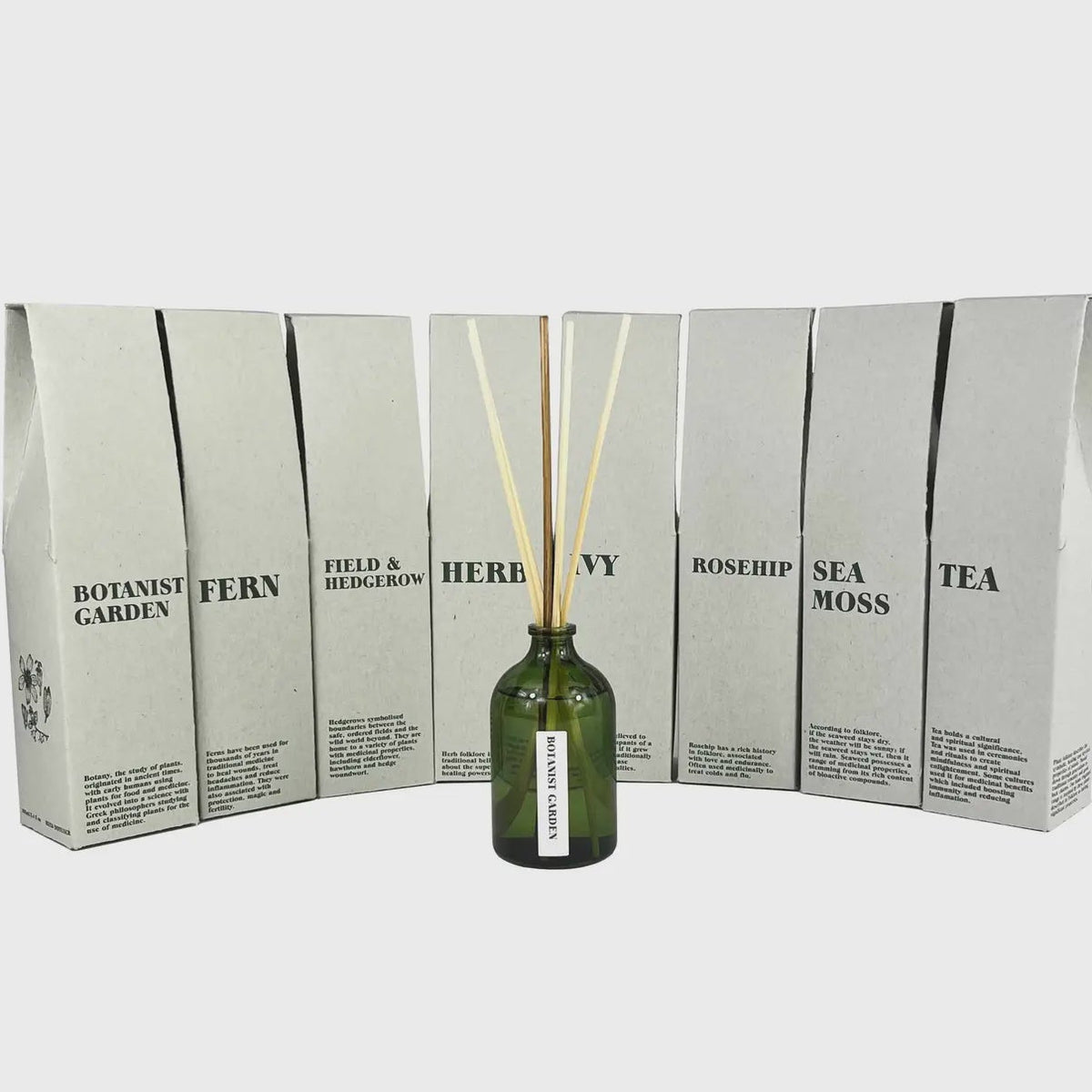 Green bottle with diffuser sticks in front of a display box with text on a white background