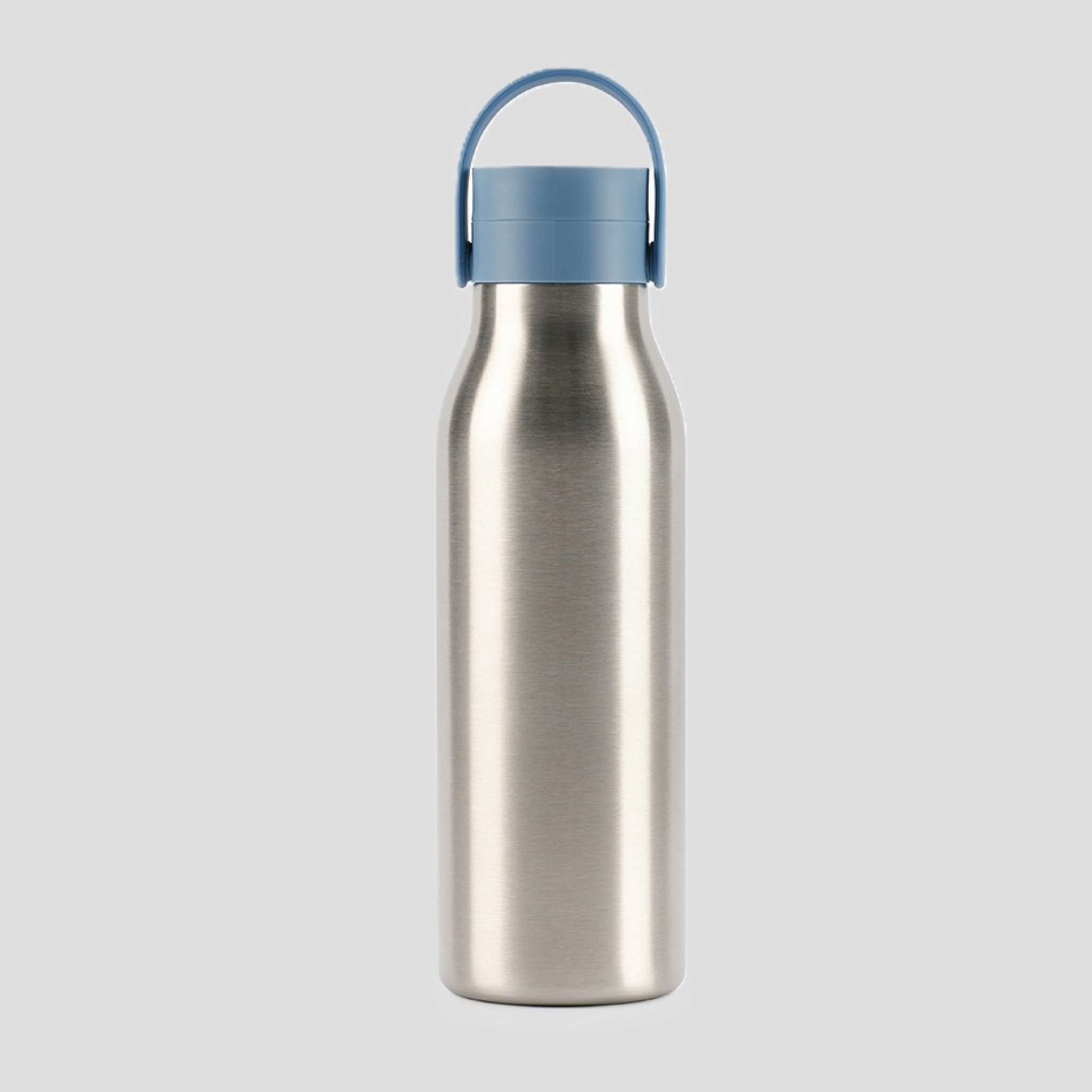 A brushed stainless steel water bottle with a light blue screw-on lid and carrying loop, centered on a light gray background.