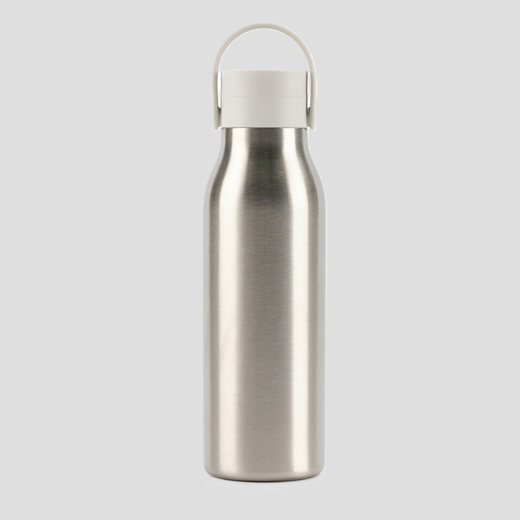 A brushed stainless steel water bottle with a white screw-on cap and integrated carrying loop, centered on a light gray background.