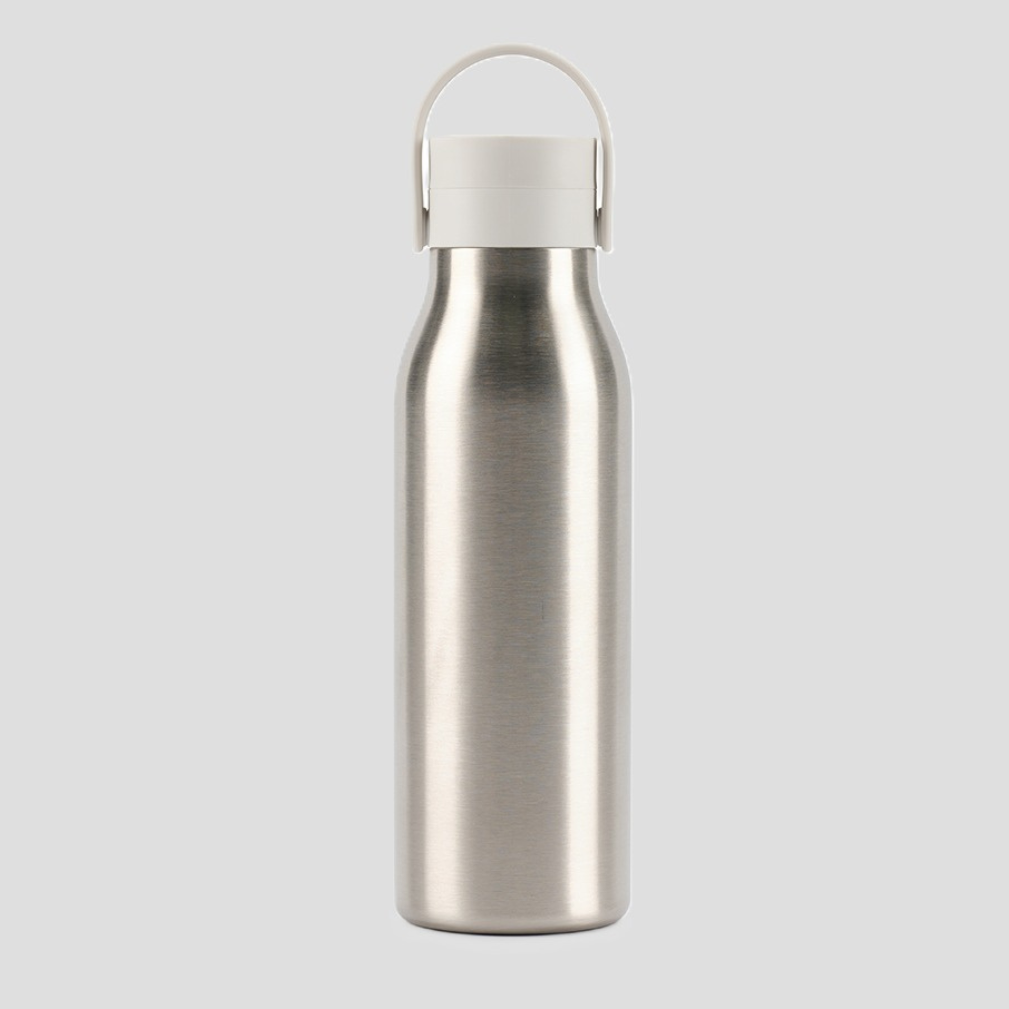 A brushed stainless steel water bottle with a white screw-on cap and integrated carrying loop, centered on a light gray background.