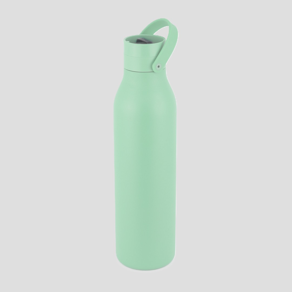 A matte mint green insulated water bottle with a matching lid and integrated carry loop, shown on a solid light gray background.