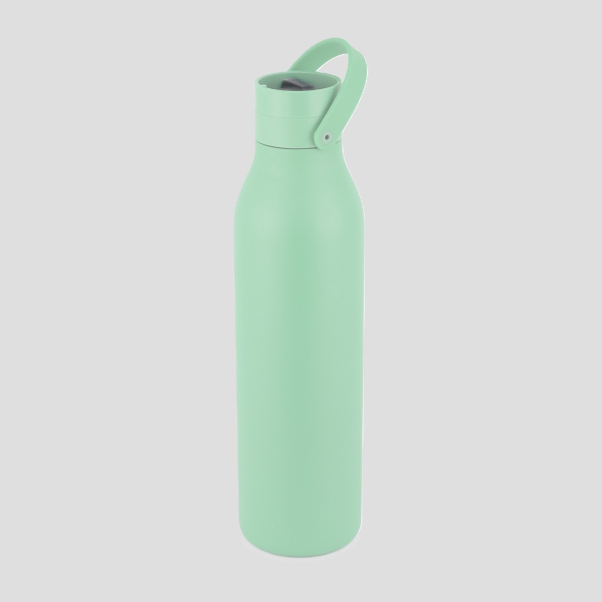 A matte mint green insulated water bottle with a matching lid and integrated carry loop, shown on a solid light gray background.