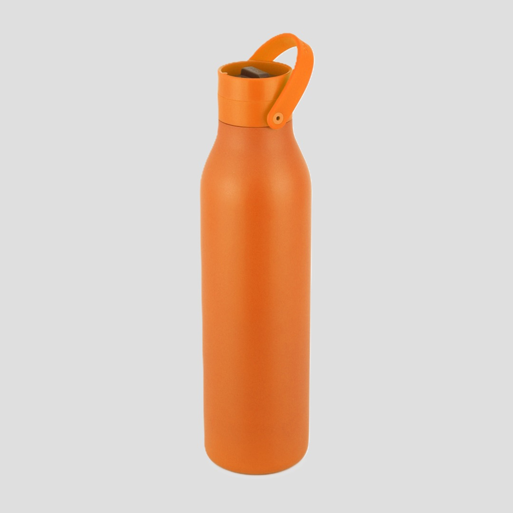 An orange insulated water bottle with a matching orange carrying loop lid, shown on a solid light gray background.