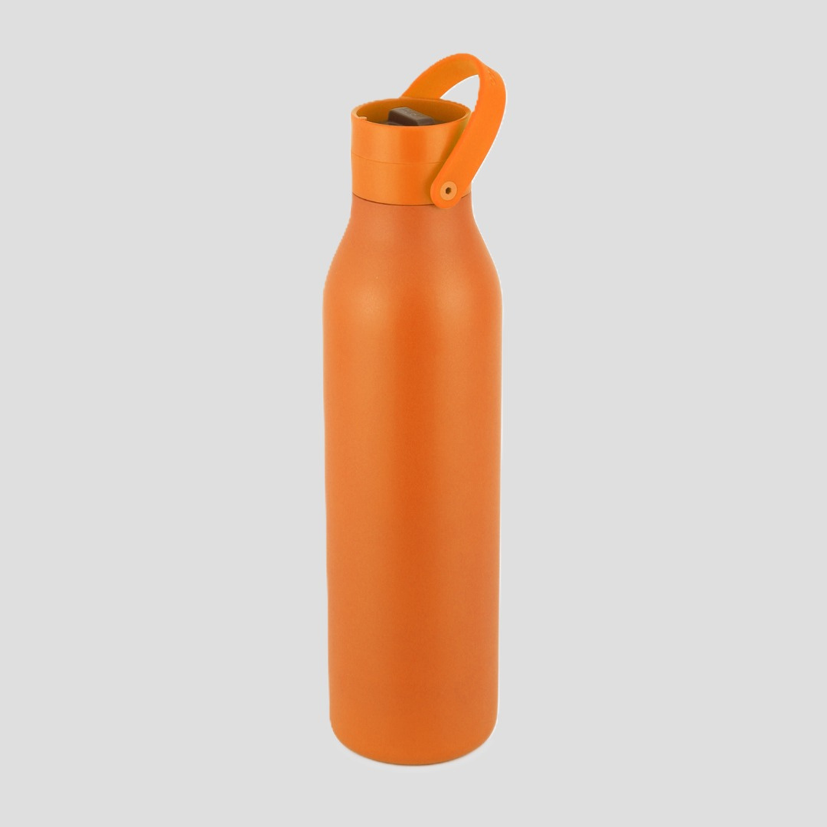 An orange insulated water bottle with a matching orange carrying loop lid, shown on a solid light gray background.