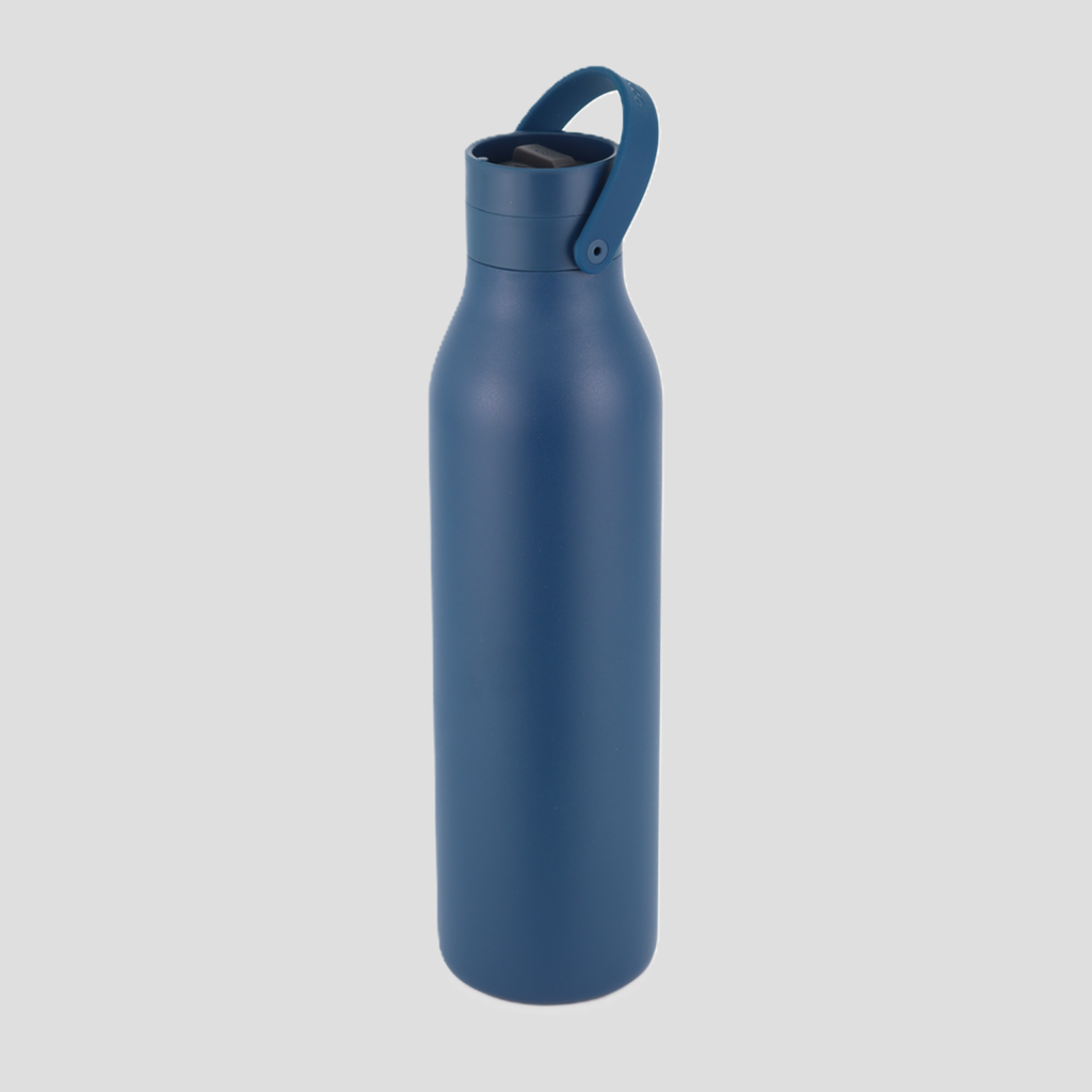 A matte blue insulated water bottle with a matching blue carry loop lid, shown on a solid light gray background.