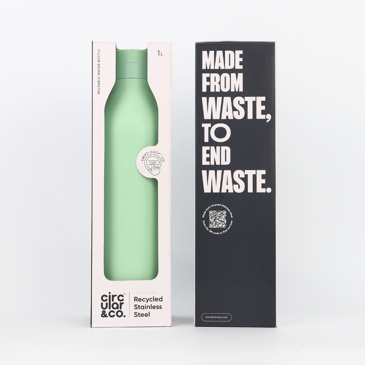Green reusable water bottle in packaging with 'Made from Waste, To End Waste' text on a white background