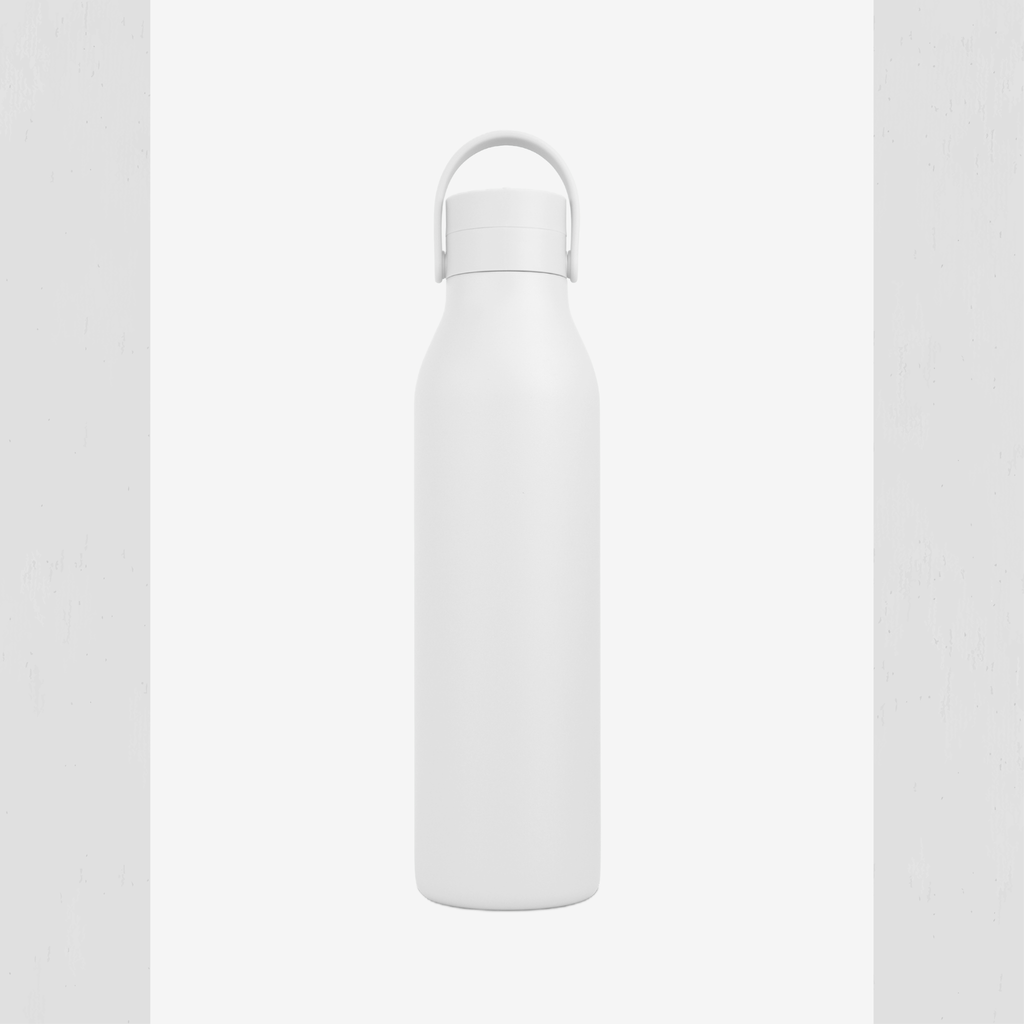A matte white insulated water bottle with a matching white screw-on lid and integrated carrying loop, centered against a light gray background.