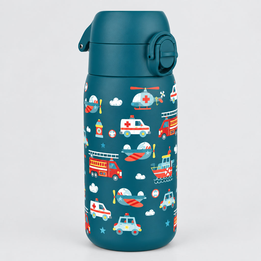 A dark teal stainless steel water bottle with a playful pattern of emergency vehicles and rescue equipment, including ambulances, fire trucks, helicopters, and airplanes. The bottle features a matching dark teal flip-top lid with a carrying loop, set against a plain grey background.
