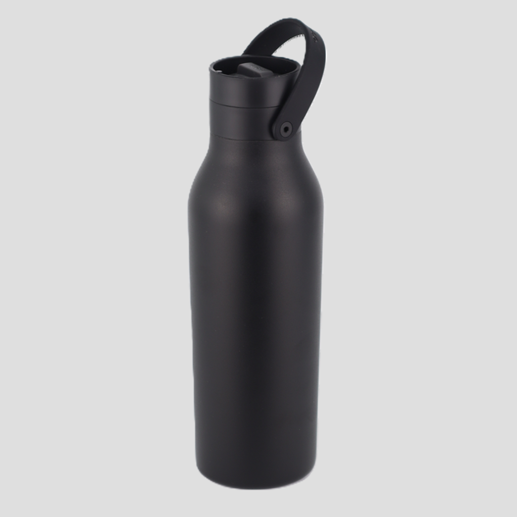 A matte black insulated water bottle with a matching black carrying loop lid, shown on a solid light gray background.