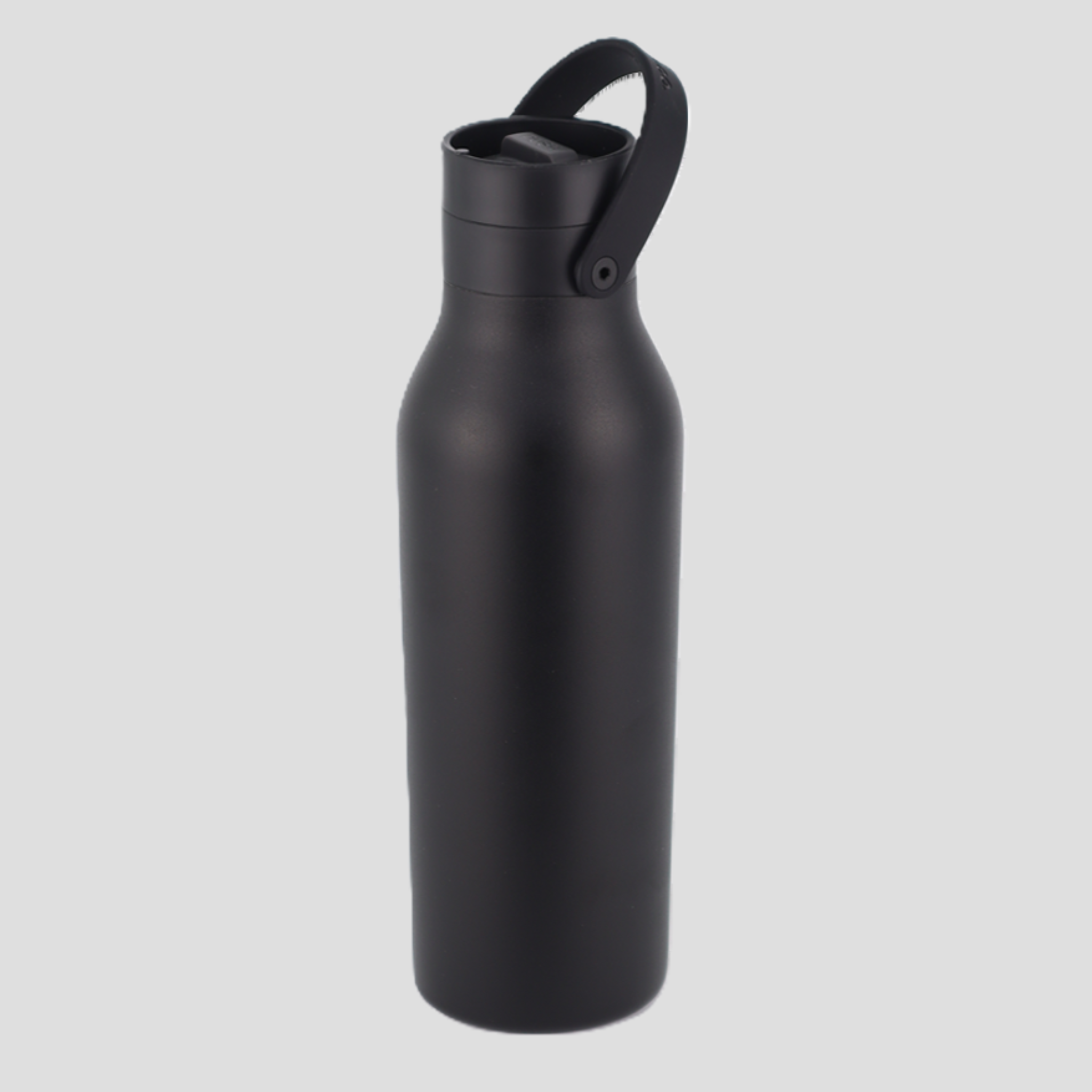 A matte black insulated water bottle with a matching black carrying loop lid, shown on a solid light gray background.
