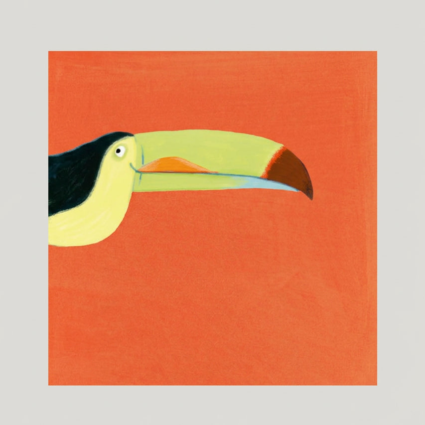Illustration of a toucan's face on an orange background