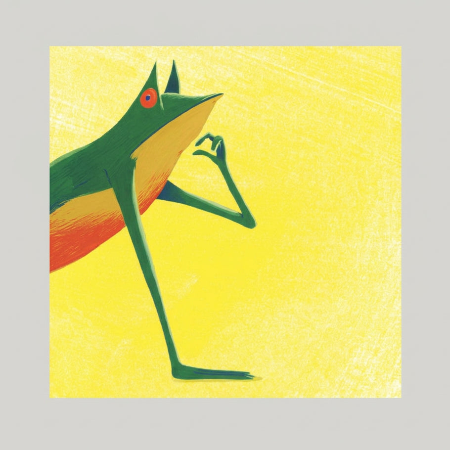 A stylized illustration of a green frog-like character with a long leg and raised hand, set against a bright yellow textured background.