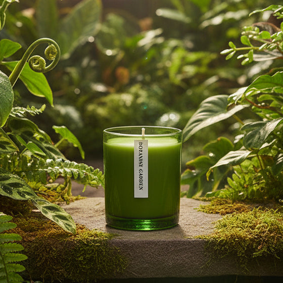 Green candle with a label in a garden