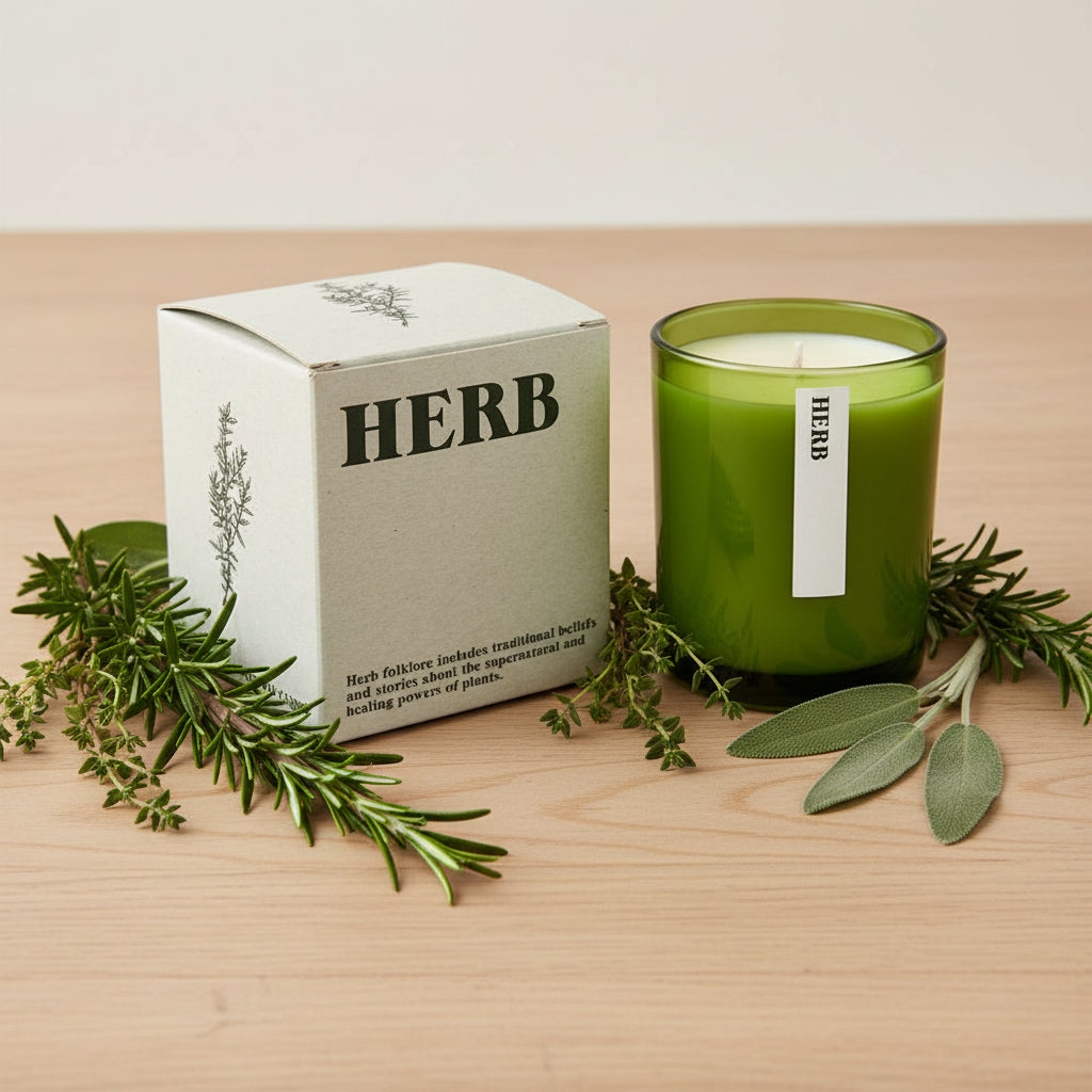 Green candle with 'HERB' branding next to its packaging with herb background
