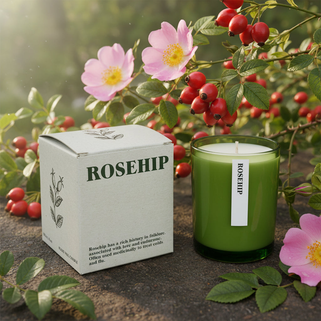 Green candle with 'Rosehip' label next to its box on a flower background
