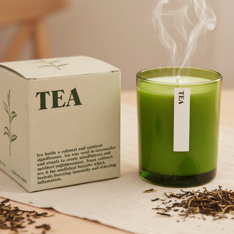Green candle in a box labeled 'TEA'