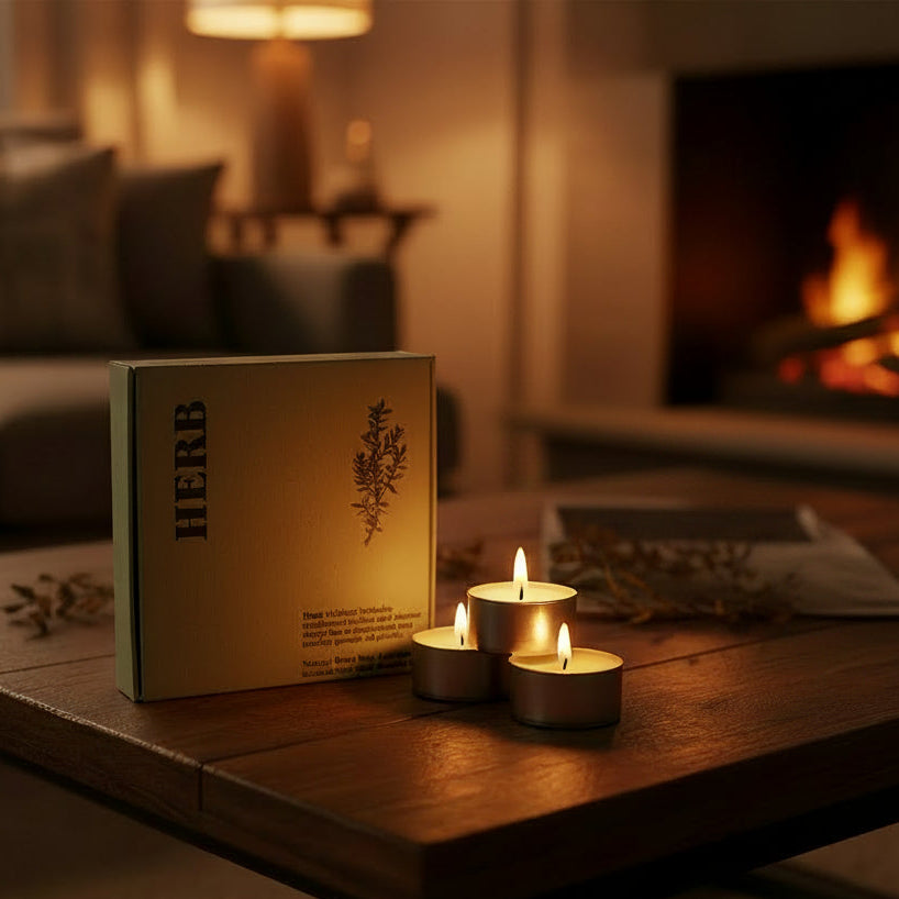 Herb-scented set of tealight candles and packaging on a white background