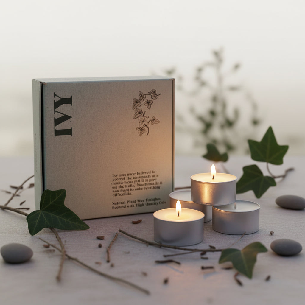 Set of three candles in front of a branded box in twilight