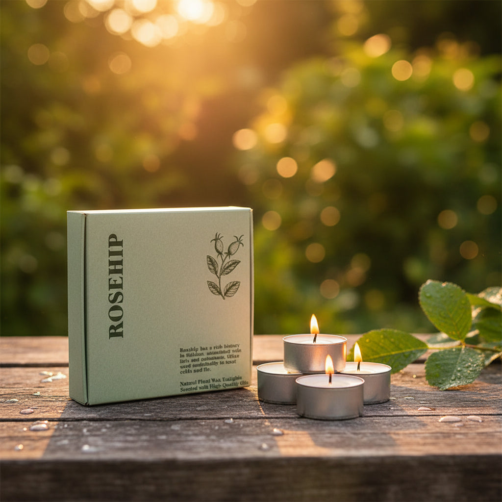 Rosehip candles in a box in a garden