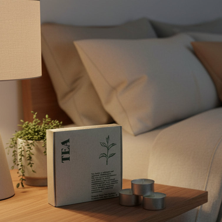 Set of three tea-scented candles with a box labeled 'TEA' on a white background
