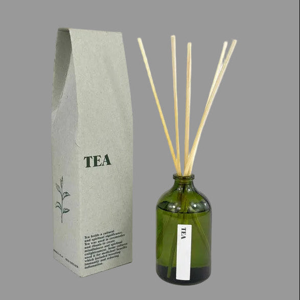 Tea cented reed diffuser, green bottle and packaging