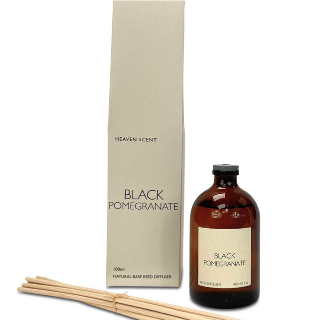 Black pomegranite, Natural base reed diffuser in amber glass bottle, with bundle of reeds
