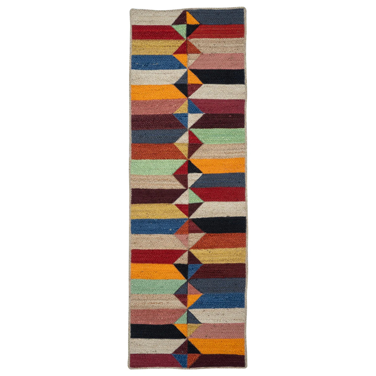 A long rectangular area rug with a Southwestern geometric pattern featuring stripes and triangles in red, orange, yellow, blue, green, black, and beige.