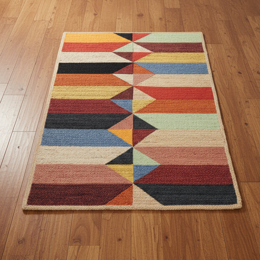 A rectangular jute rug with a geometric harlequin pattern in multiple colors including black, red, blue, and beige.