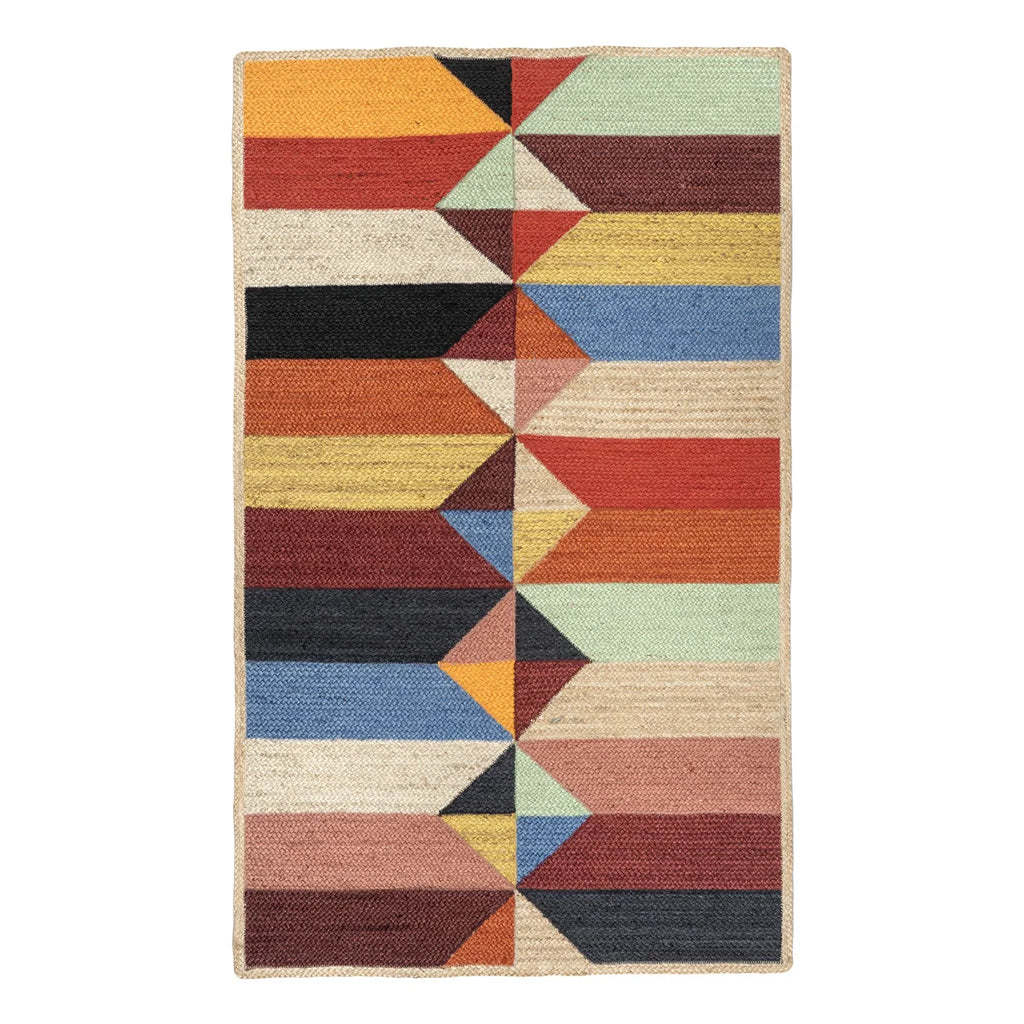 Multicolored geometric patterned rug on a white background