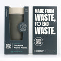 Reusable cup in packaging with 'Made from Waste, To End Waste' text on a white background
