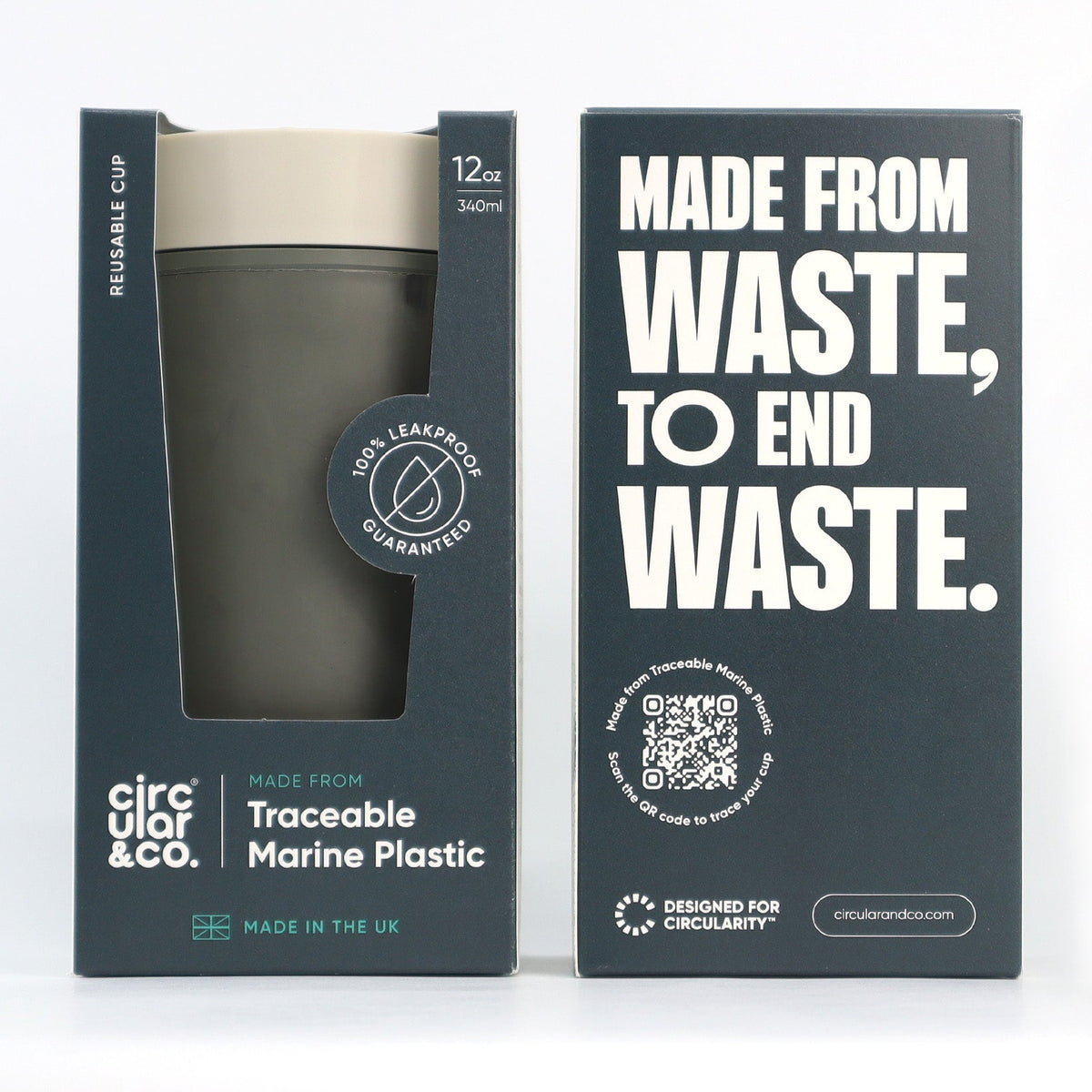 Reusable cup in packaging with 'Made from Waste, To End Waste' text on a white background