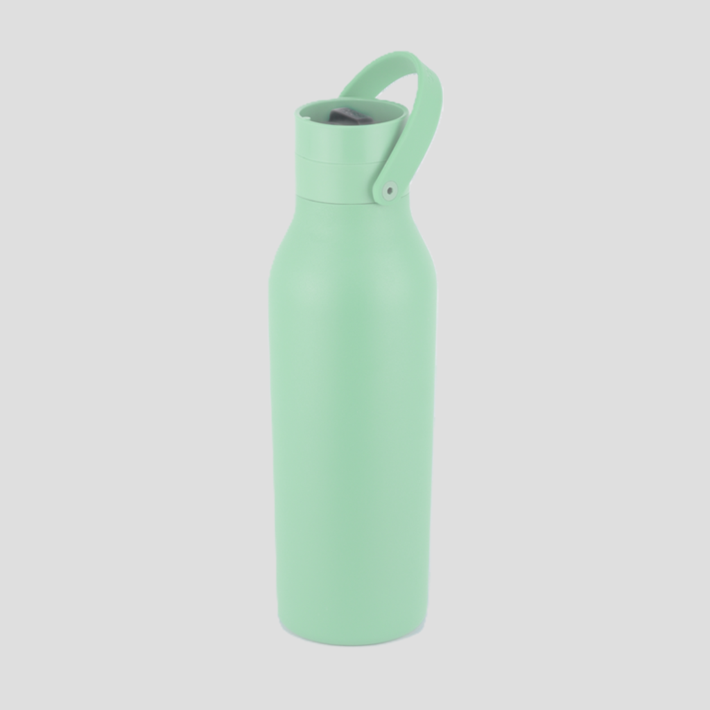 A matte mint green insulated water bottle with a matching carrying loop lid, shown on a solid light gray background.