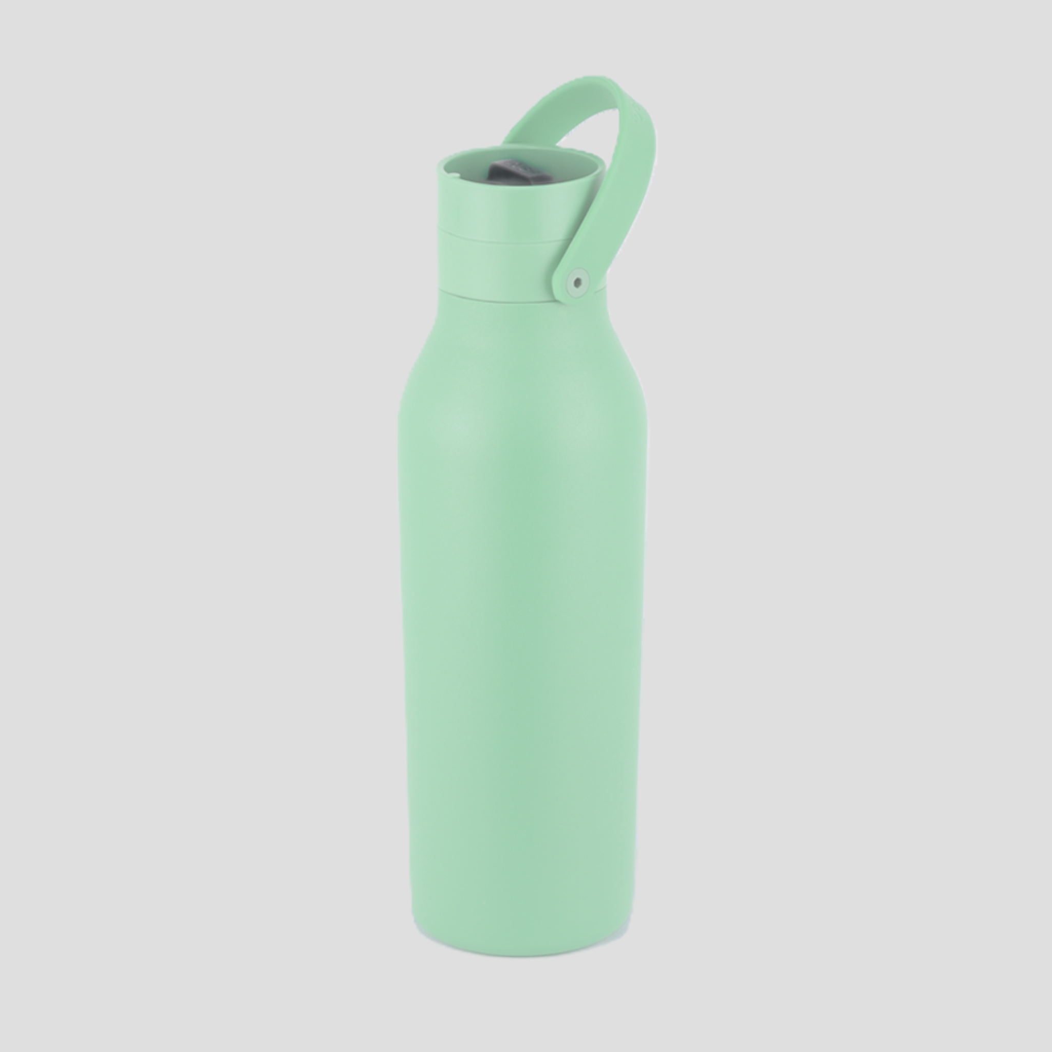 A matte mint green insulated water bottle with a matching carrying loop lid, shown on a solid light gray background.