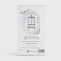 Moth box packaging with branding on a white background