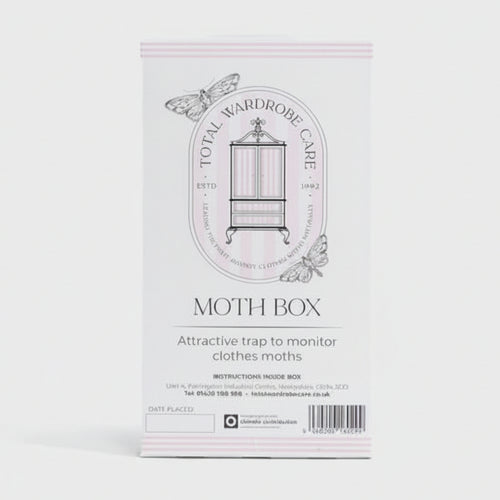 Moth box packaging with branding on a white background