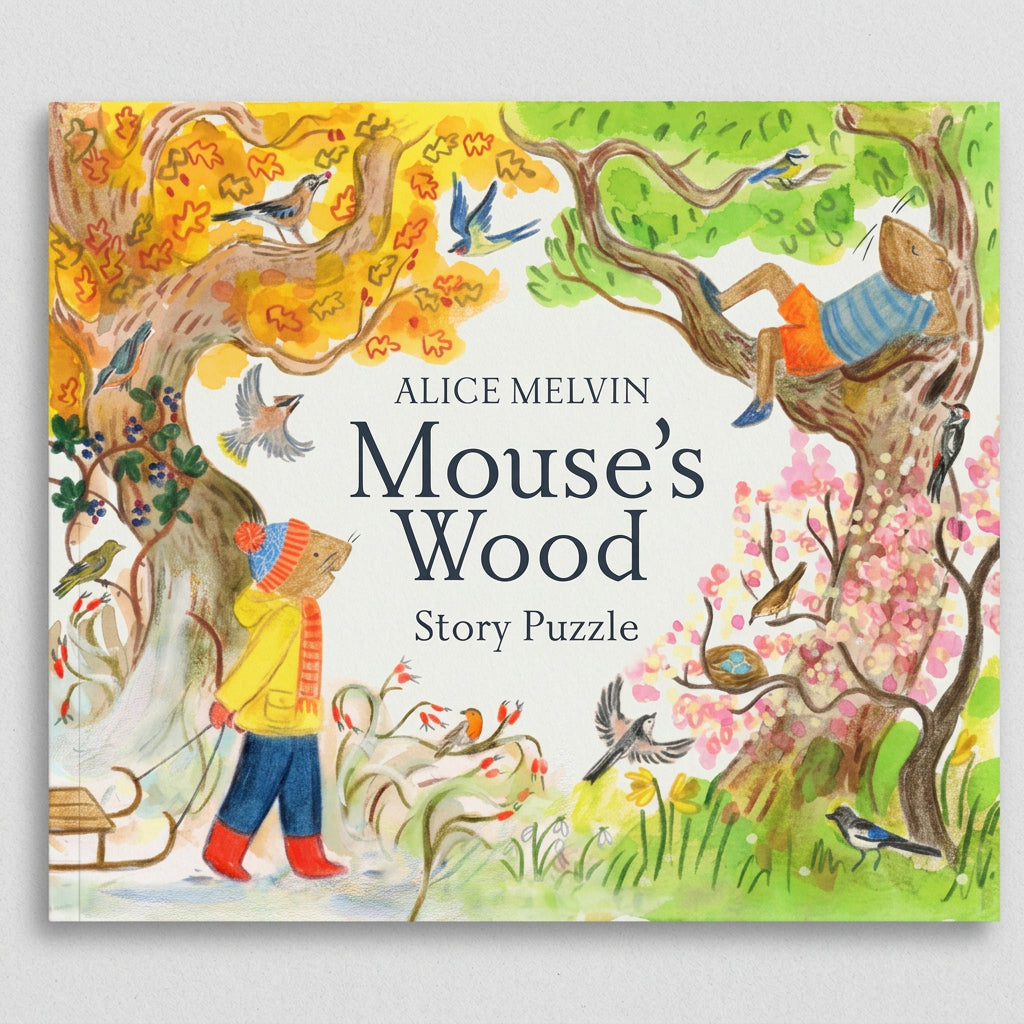 Book cover of 'Mouse's Wood' by Alice Melvin with illustrations of a mouse and a boy in a forest setting.