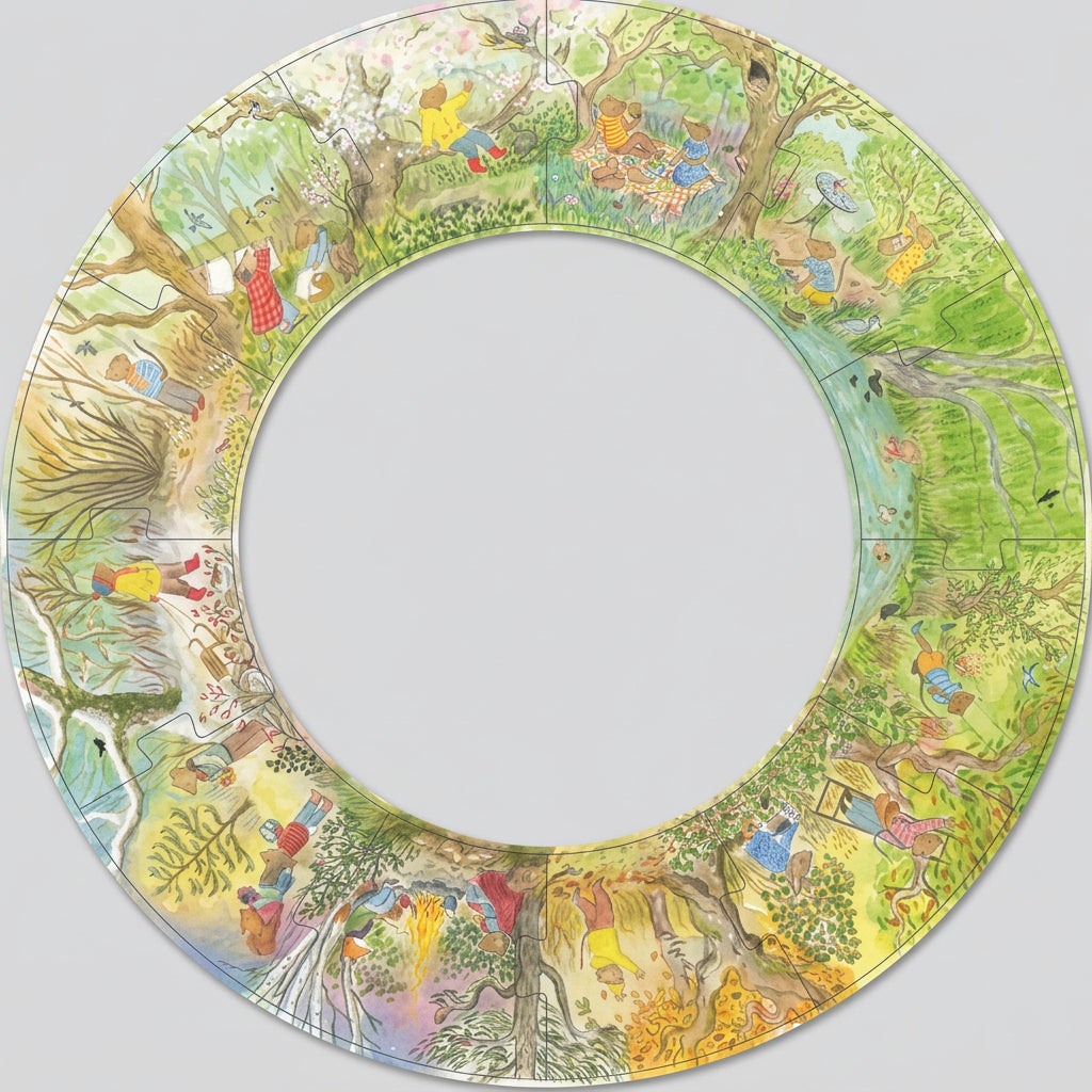 A circular wooden puzzle board featuring a colorful, detailed illustration of trees, and animals, presented on a solid grey background.