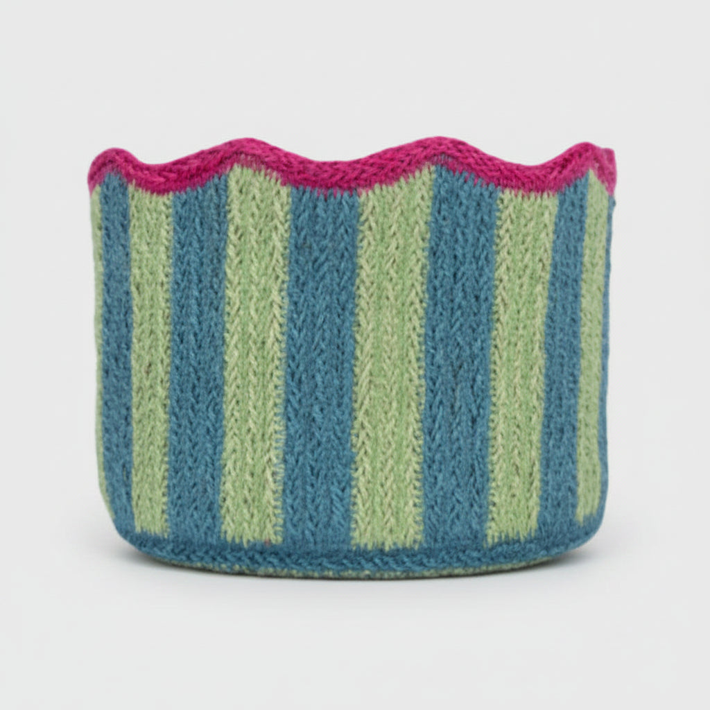 blue and green stried basket in jute