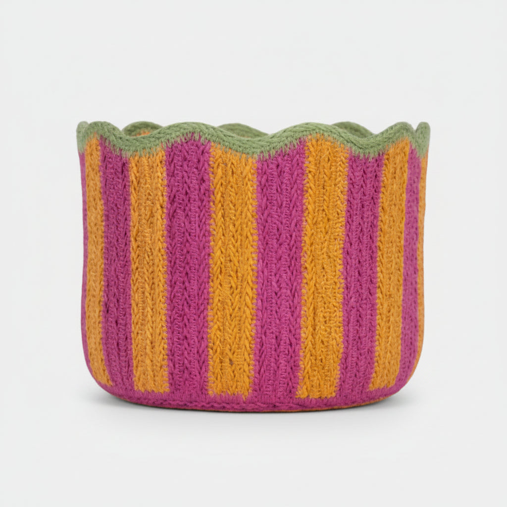 orange and pink striped jute basket