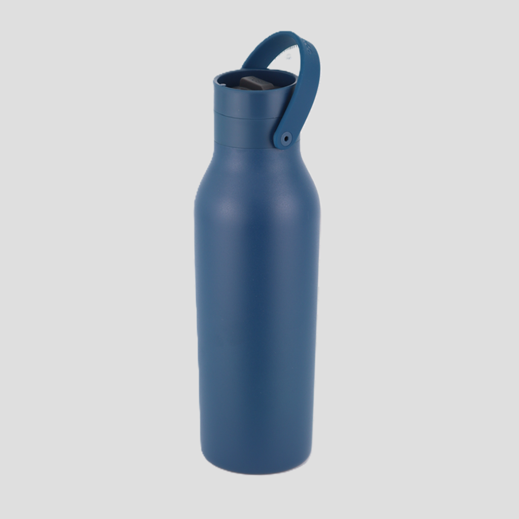 A matte blue insulated water bottle with a matching blue carrying loop lid, shown on a solid light gray background.