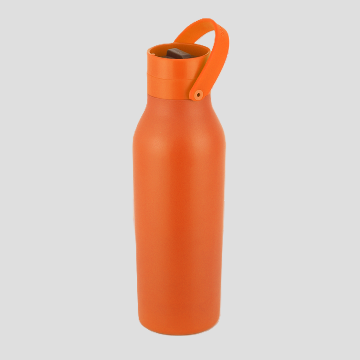 An orange insulated water bottle with a matching orange carrying loop lid, shown on a solid light gray background.