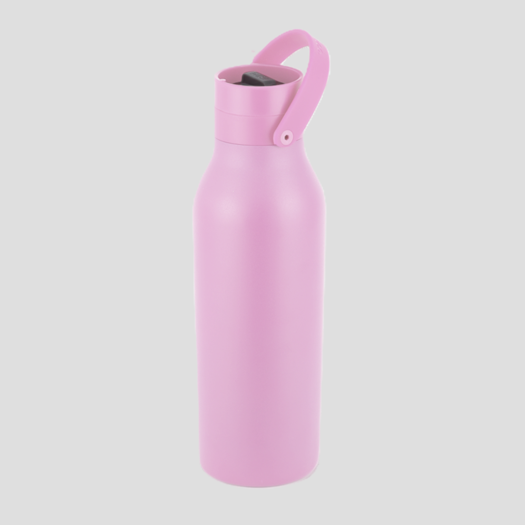A matte pink insulated water bottle with a matching pink carrying loop lid, shown on a solid light gray background.